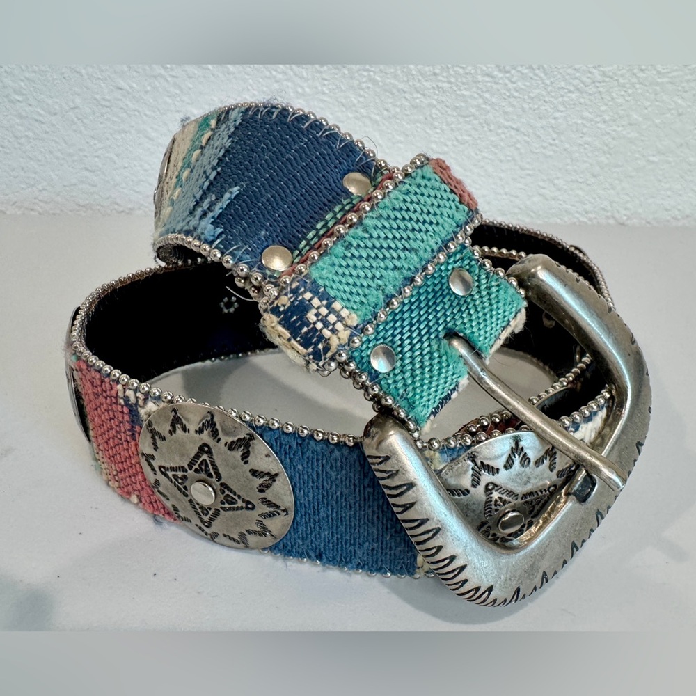 Vintage 90s Elite Fresno Western Patchwork Belt Silver Studded Concho Cowgirl M